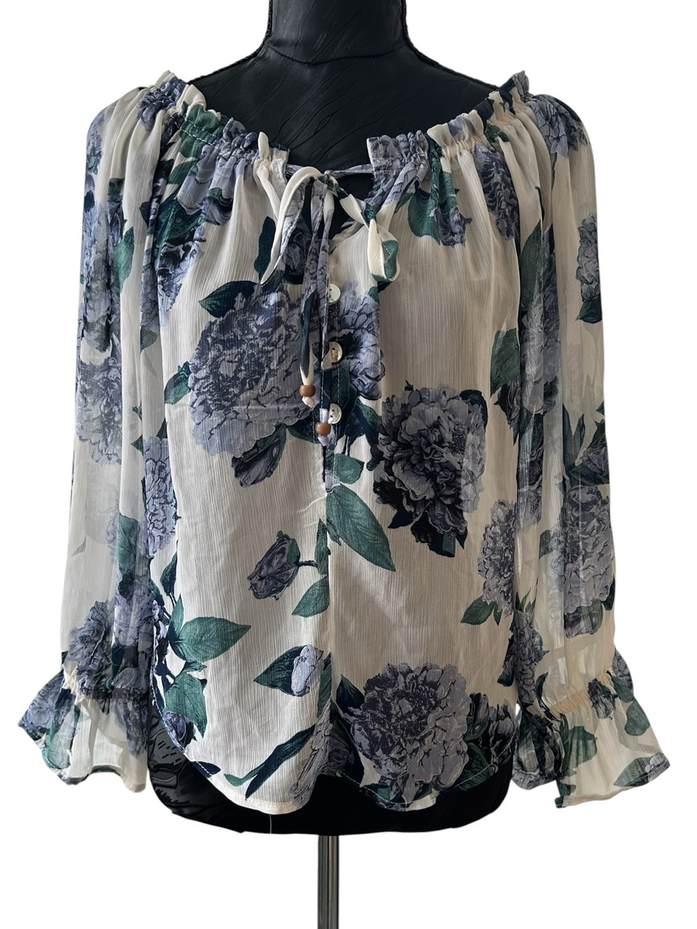 Romantic Floral On/Off-Shoulder Peasant Blouse - puffed sleeves - Cottagecore M
